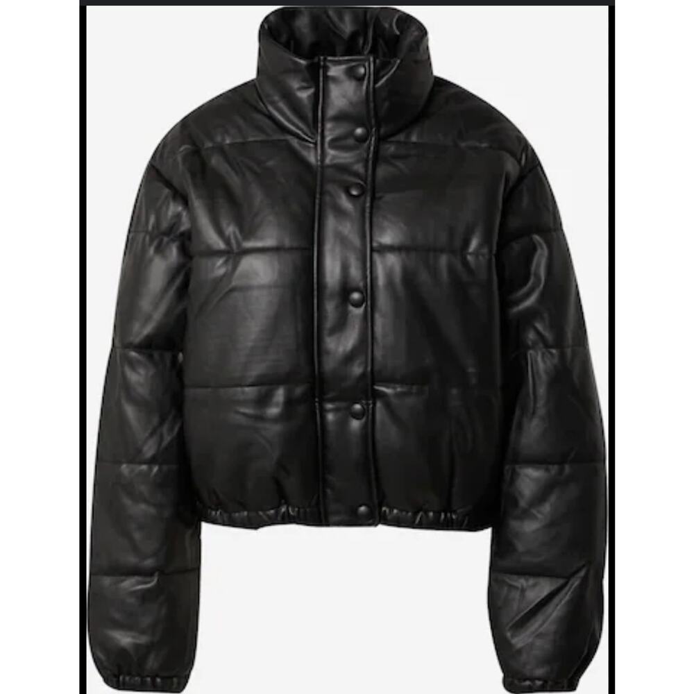 GAP BIG PUFF Black Faux Leather Cropped Jacket Size XL Insulated